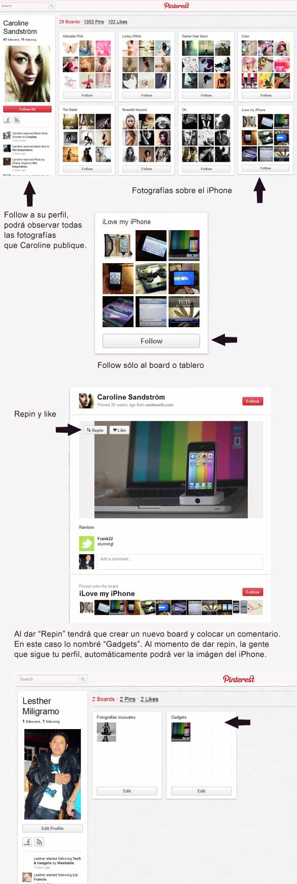 Ejemplo de board, repin y like en Pinterest